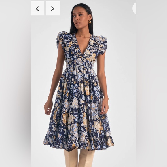 Elan 100% Cotton Emma Tiered Floral Navy Midi Dress SMALL Cottagecore Feminine - Picture 4 of 10